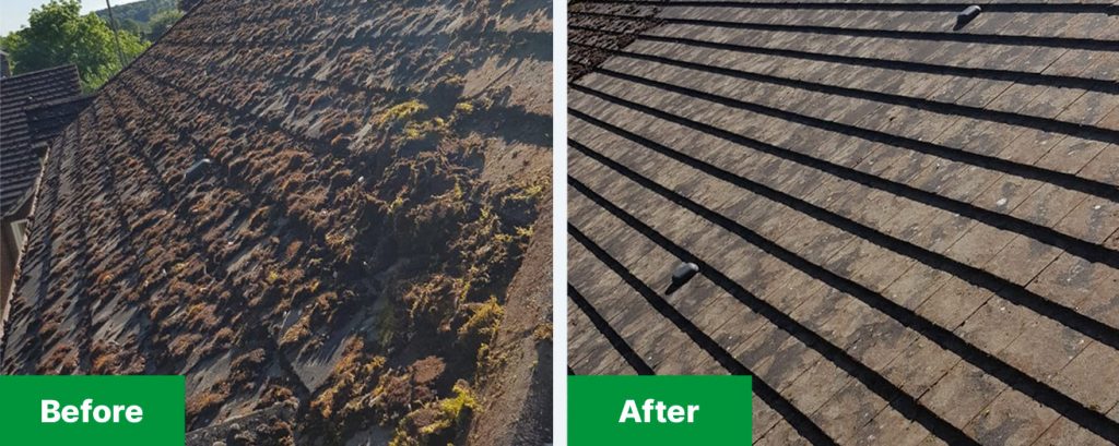 concrete roof tiles before and after manual roof moss scraping